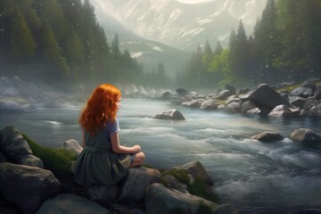 A little girl sitting near flowing water in a stream, AI art