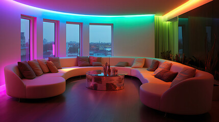 Modern Livingroom with multicolor led light - Smart home. Ai generated..