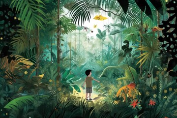 AI Generated story book page of boy adventures into a lush jungle background