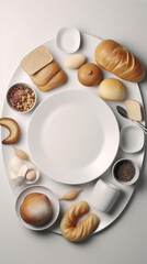 white empty plate in the center different bread, ai generation