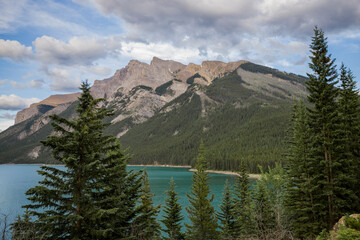 Mountain lake landscape panorama wihout people - 
coniferous forest - pine trees, scenic blue lake, cloudy sky and Rocky Mountains on horizon background. Minnewanka lake, Banff provincial park, Albert