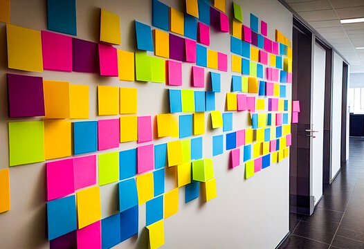 A wall full of colourful post it sticky notes. Business, planning and organising. Generative ai