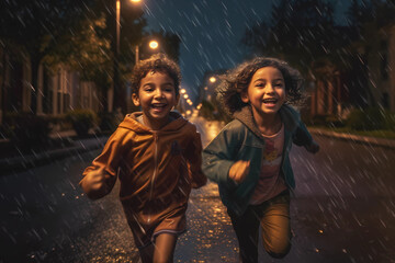 Obraz premium Kids Running in the Rain at Night (Generative AI)