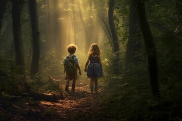 AI Generated two kids Feeling the magical atmosphere as they enter forest background