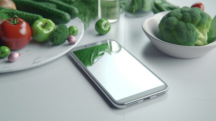 fresh green vegetables on a square plate with a phone in the kitchen, minimalism, ai generation