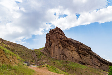 Alamut Castle view in the Alamut mountain in Iran. Alamut was a mountain fortress located in Alamut region in the South Caspian province of Daylam near the Rudbar region in Iran