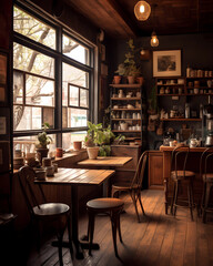 Fototapeta premium The warm and inviting ambiance of a cozy cafe, surrounded by rustic decor and soft, natural lighting that adds to the soothing atmosphere (Generative AI)