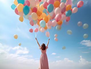 Dreamy and ethereal image of a woman releasing a cluster of colorful balloons into a clear blue sky, capturing a sense of joy and liberation (Generative AI)