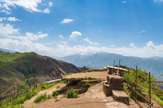 Alamut Castle view in the Alamut mountain in Iran. Alamut was a mountain fortress located in Alamut region in the South Caspian province of Daylam near the Rudbar region in Iran