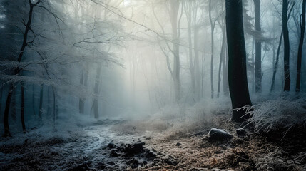 An illustration of a snow-covered forest with haze and fog, creating a magical atmosphere. Generative AI