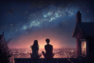 Naklejka na ściany i meble Young people in love looking at the night sky with stars and the Milky Way, illustration generative AI