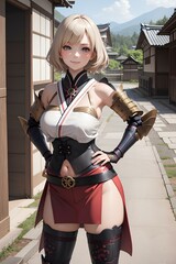 A blonde girl posing on the streets of a traditional Japanese house in a samurai fashion, japanese anime style illustration. generative AI