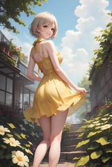 A blonde girl in a sundress looking back in a beautiful Japanese alleyway in full bloom, japanese anime style illustration. generative AI