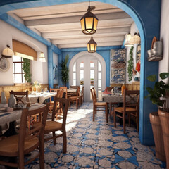 Fototapeta na wymiar interior of an authentic greek restaurant, Generative AI