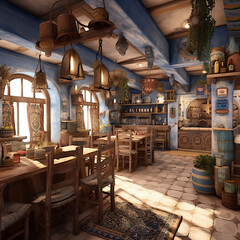 Fototapeta na wymiar Authentic old Greek restaurant interior, Generative AI