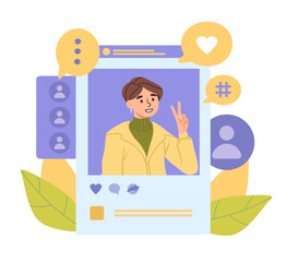 Social life concept. Young girl shows two fingers. Photo of woman in post. Popular social media personality and famous blogger. Account with reactions. Cartoon flat vector illustration