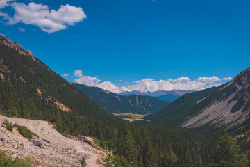 A picturesque landscape of the French Alps mountains on a hike from Chalets de Clapeyto to Col du...