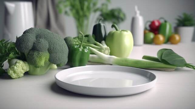 white empty plate in the center fresh green vegan, ceramic white plates for restaurants, ai generation