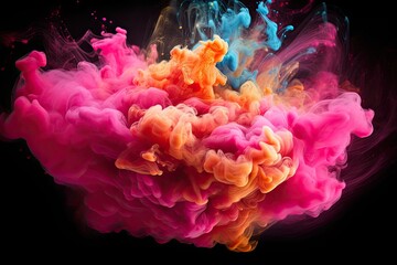 Fototapeta premium Colorful pink red rainbow smoke paint explosion, color fume powder splash, motion of liquid ink dye in water. Generative AI.