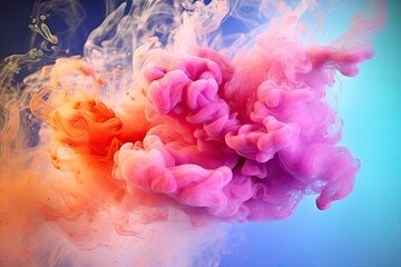 Colorful pink red rainbow smoke paint explosion, color fume powder splash, motion of liquid ink dye in water. Generative AI.