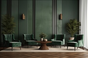 Home interior mock - up with green armchairs, table and decor in living room. Generative AI