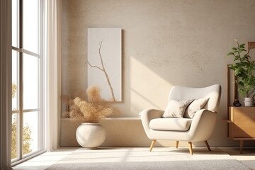 Home interior mock - up with armchair, table and decor in living room. Generative AI