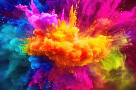Colorful pink red rainbow smoke paint explosion, color fume powder splash, motion of liquid ink dye in water. Generative AI.