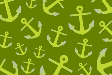 Trendy pattern with an anchor. A bunch of green anchors scattered randomly on a pastel green background	