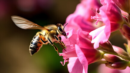 Close up de una hermosa abeja polinizando una flor amarilla en primavera mientras vuela alrededor