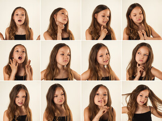 Collage set of shots with diverse facial expressions little girl. Emotional pretty kid child posing...