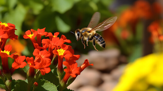 Close up de una hermosa abeja polinizando una flor amarilla en primavera mientras vuela alrededor
