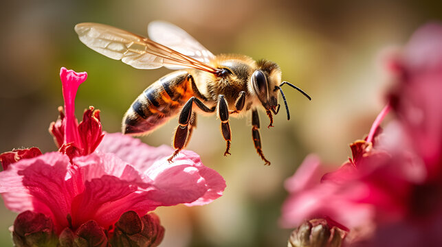 Close up de una hermosa abeja polinizando una flor amarilla en primavera mientras vuela alrededor