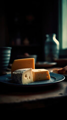 Plate with various varieties of delicious cheese on a wooden table with a blurry environment, creating a rustic atmosphere. Generative AI
