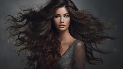 Hermosa joven latina con el cabello rebelde y alborotado en una fotografía de moda que resalta la textura de su cabello moreno IA Generativa - obrazy, fototapety, plakaty
