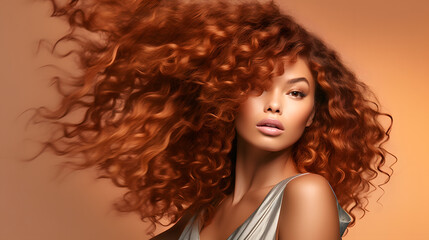 Hermosa joven latina con el cabello rebelde y alborotado en una fotografía de moda que resalta la textura de su cabello rojizo IA Generativa