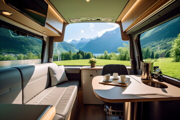 Camping trailer car interior. Rv motor home room inside view, cozy place for living and sleeping Generative AI