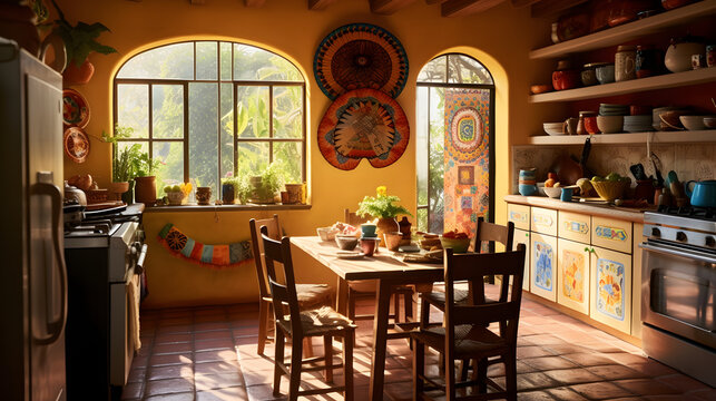 Cocina con adornos mexicanos es iluminada por la luz natural que entra por la ventana y la puerta abierta IA Generativa