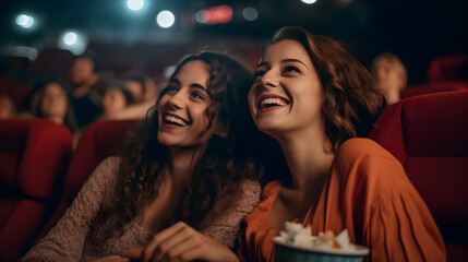 Dos mujeres compartiendo un momento feliz y romántico mientras ven una película en el cine - obrazy, fototapety, plakaty