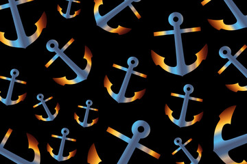 Trendy pattern with an anchor. A bunch of blue anchors scattered randomly on a black background	