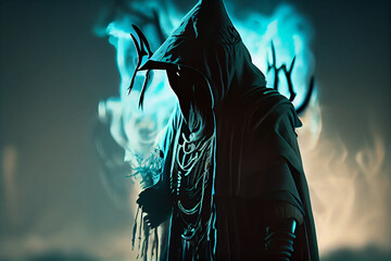 Dark pagan shaman fantasy sunset silhouette. High quality photo