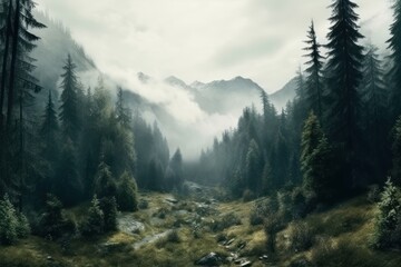 AI Generated a mountain forest with high trees myst and fog grim background - obrazy, fototapety, plakaty