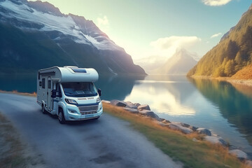 Camper van motor home on the landscape with mountains and lake. Car traveling illustration. Freedom vacation travel. Caravan design concept Generative AI
