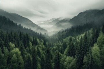 Fototapeta premium AI Generated a mountain forest with high trees myst and fog grim background