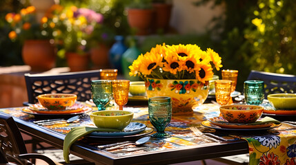 Mesa para reunión familiar con colores y decoración latina, mexicana