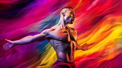 Bailarín masculino baila sobre un fondo de arcoíris con colores del orgullo gay. Día del orgullo