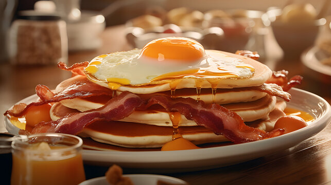 Desayuno completo: pila de pancakes, tiras de tocino, chorreando miel de maple con un huevo estrellado hacia arriba y pedazos de mantequilla en una mesa lista para el desayuno
