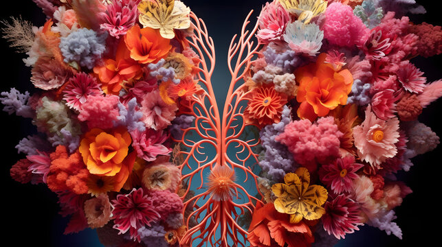Maqueta de dos pulmones humanos pero con flores en sus alveolos y ramificaciones