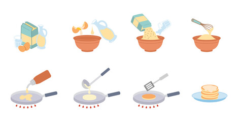 Cooking measures set. Stages of cooking dish, pancakes. Collection of dishes, plates and spoons. Healthy and traditional breakfast. Cartoon flat vector illustrations isolated on white background