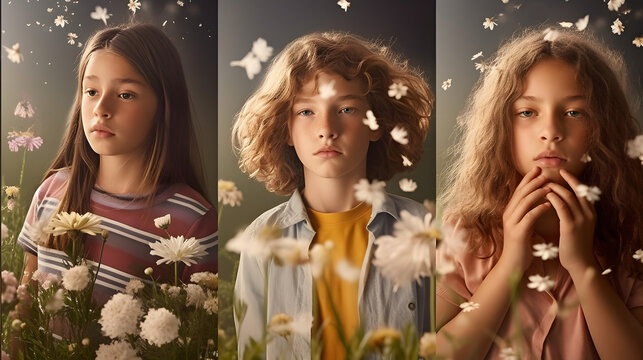 Tres j&oacute;venes mujeres descubren la sexualidad de la adolescencia en retratos art&iacute;sticos y conceptuales, con lluvia de flores y luz de estudio 