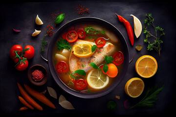 Fototapeta na wymiar Fish soup with cod, paprika, potatoes, tomatoes and parsley in ceramic soup bowl on dark table background, top view. High quality illustration